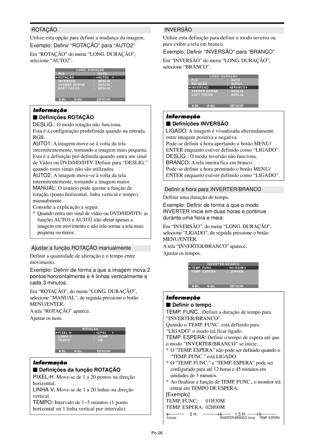 NEC PX-42XM4A, PX-61XM4A manual Definiçõ es Rotaçã O, Definiçõ es Inversã O, Definir o tempo 