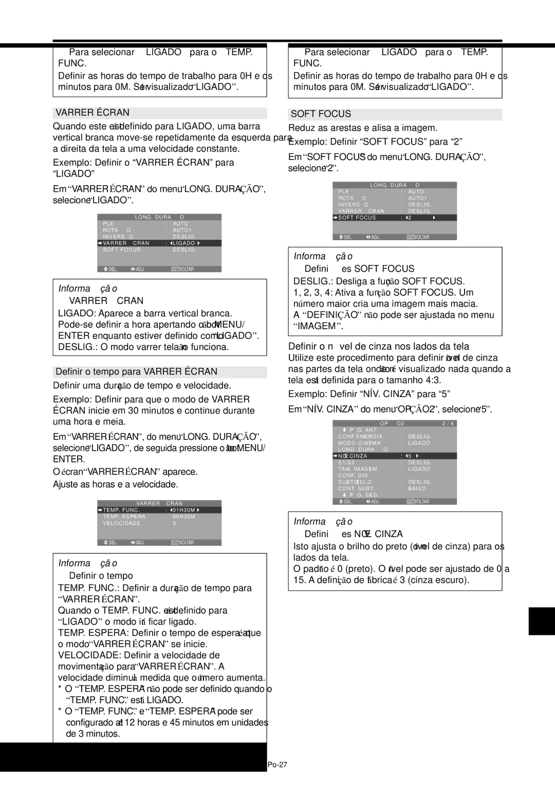 NEC PX-61XM4A manual Definir o nível de cinza nos lados da tela, Para selecionar Ligado para o TEMP. FUNC.…, Varrer É Cran 