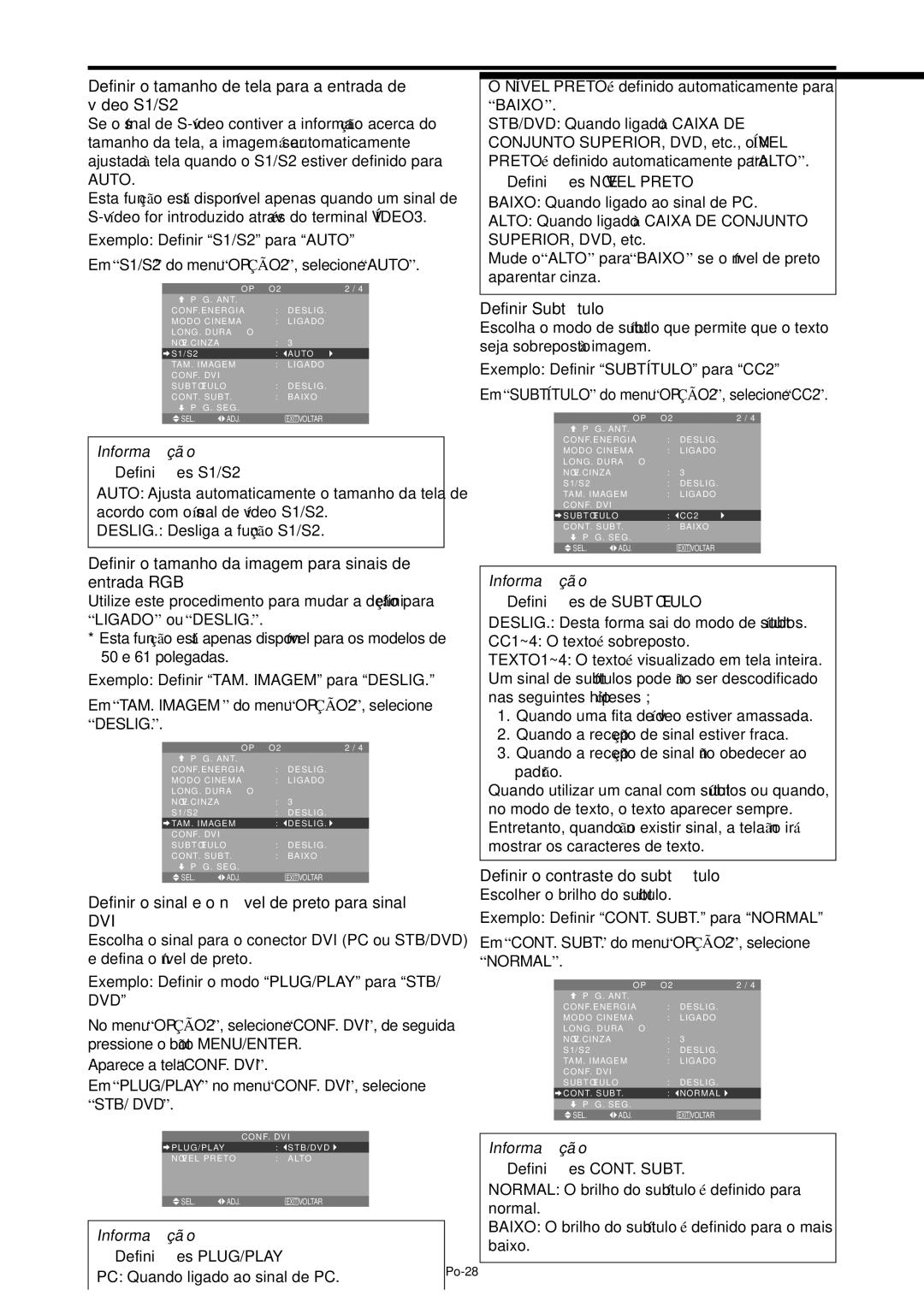 NEC PX-42XM4A Definir o tamanho de tela para a entrada de vídeo S1/S2, Definir Subtítulo, Definir o contraste do subtítulo 