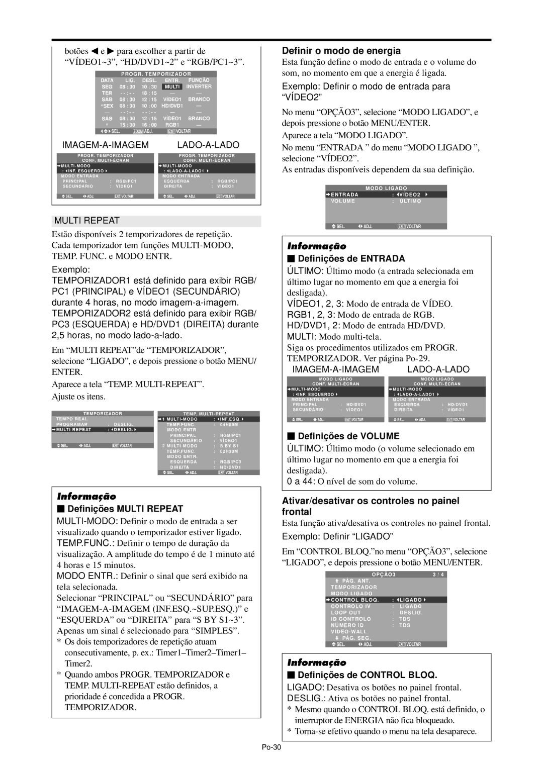 NEC PX-42XM4A manual Definir o modo de energia, Ativar/desativar os controles no painel frontal, Definiçõ es Multi Repeat 