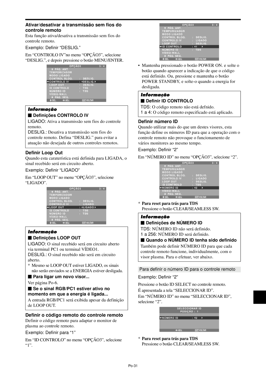 NEC PX-61XM4A, PX-42XM4A Ativar/desativar a transmissã o sem fios do controle remoto, Definir Loop Out, Definir nú mero ID 