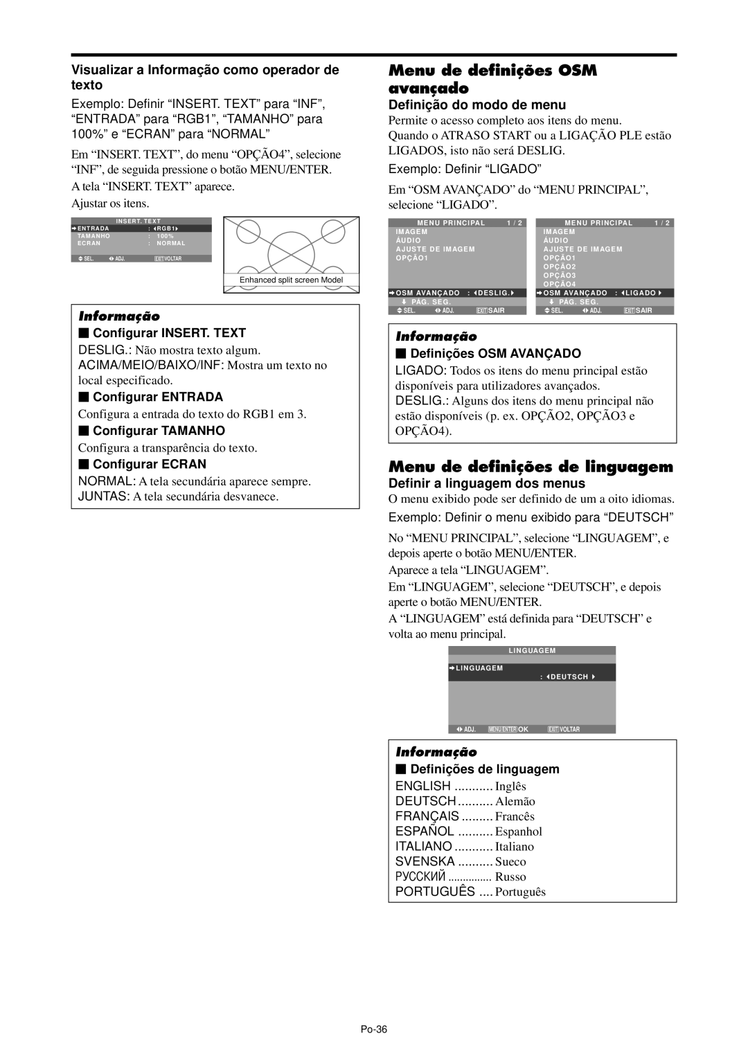 NEC PX-42XM4A, PX-61XM4A manual Menu de definições OSM avançado, Menu de definições de linguagem, Definiçã o do modo de menu 