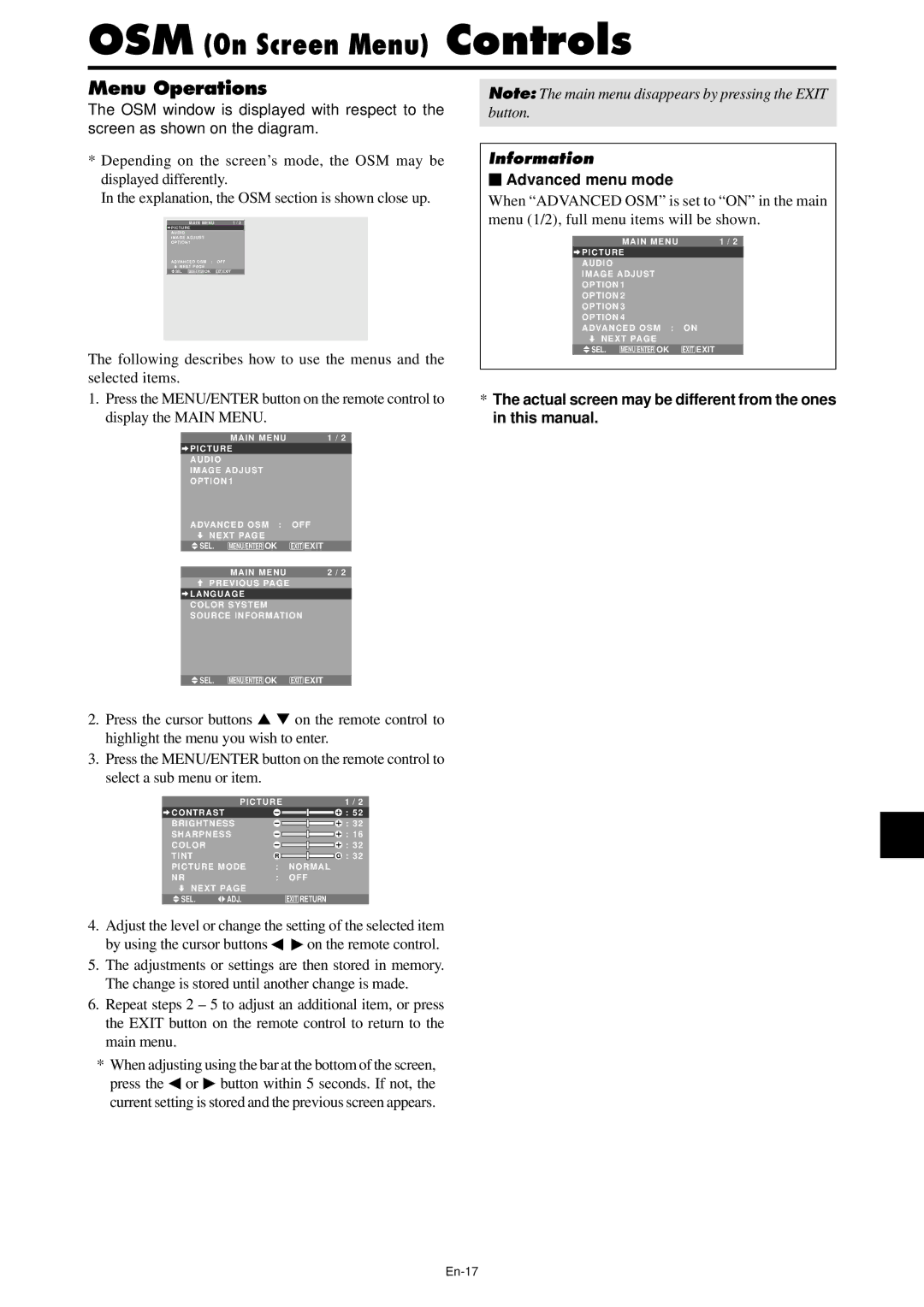 NEC PX-42XM4A Menu Operations,  Advanced menu mode, Actual screen may be different from the ones in this manual, En-17 