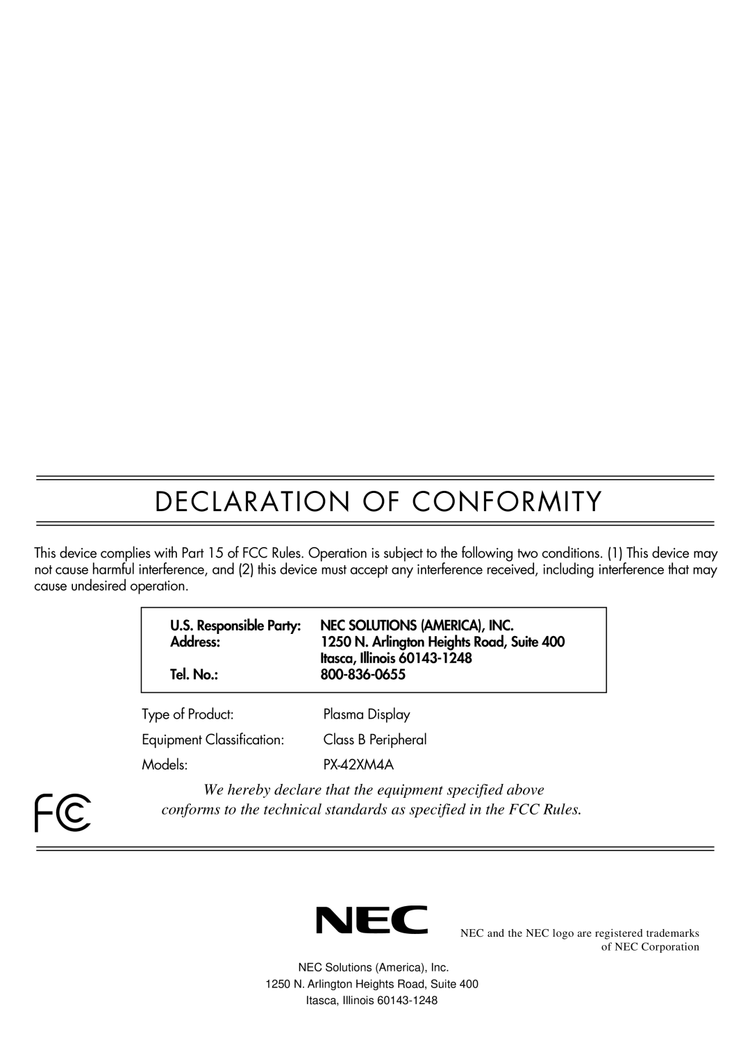 NEC PX-42XM4A, PX-61XM4A manual Declaration of Conformity 