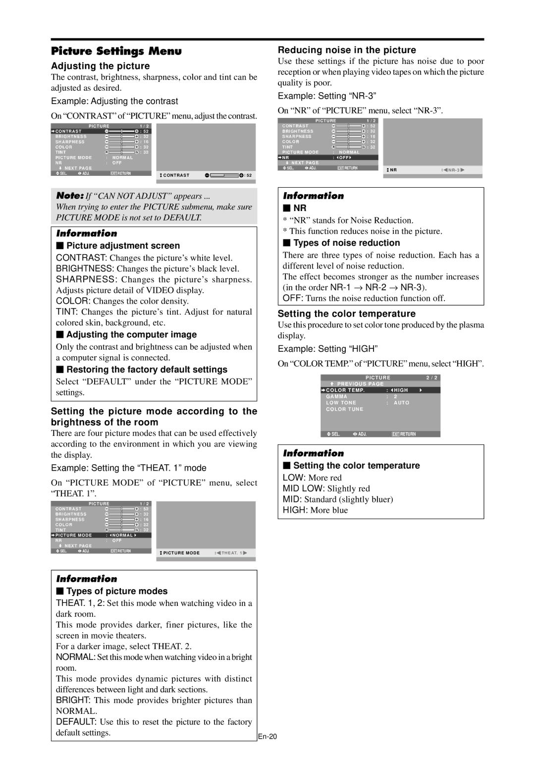 NEC PX-61XM4A Picture Settings Menu, Adjusting the picture, Reducing noise in the picture, Setting the color temperature 