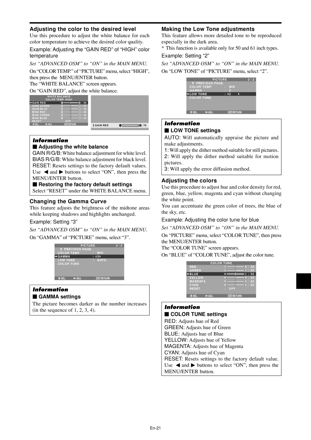 NEC PX-42XM4A manual Adjusting the color to the desired level, Changing the Gamma Curve, Making the Low Tone adjustments 