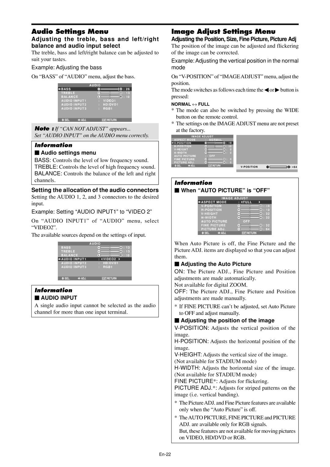 NEC PX-61XM4A, PX-42XM4A Audio Settings Menu, Image Adjust Settings Menu, Setting the allocation of the audio connectors 