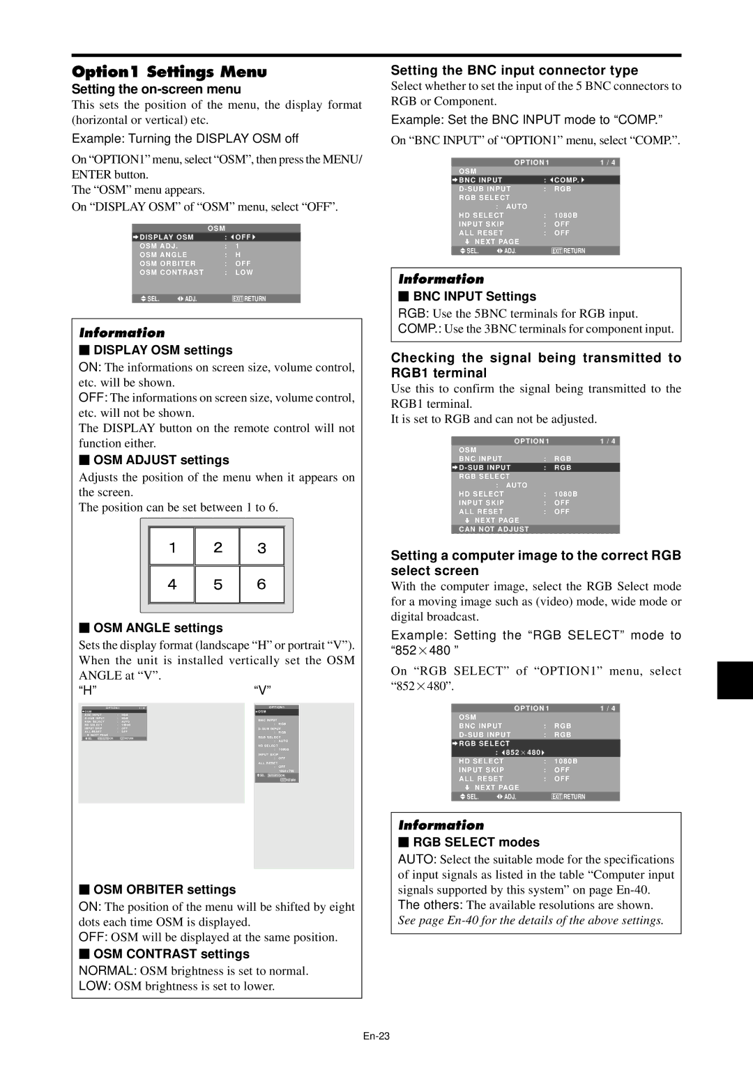 NEC PX-42XM4A, PX-61XM4A manual Option1 Settings Menu, Setting the on-screen menu, Setting the BNC input connector type 