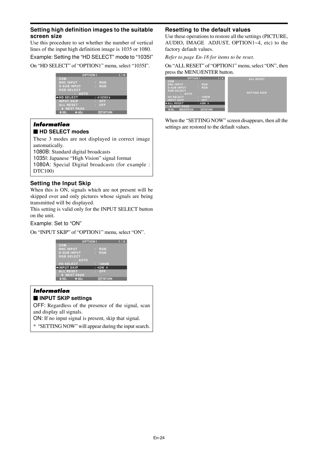 NEC PX-61XM4A manual Setting high definition images to the suitable screen size, Setting the Input Skip,  HD Select modes 