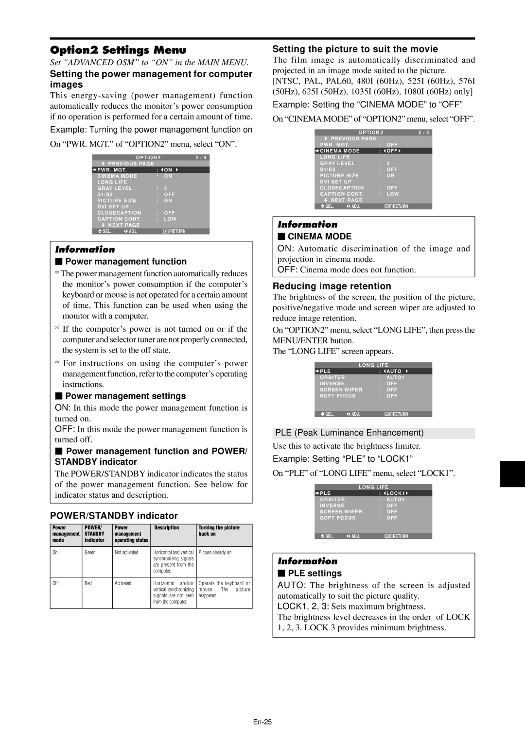 NEC PX-42XM4A, PX-61XM4A Option2 Settings Menu, Setting the power management for computer images, POWER/STANDBY indicator 