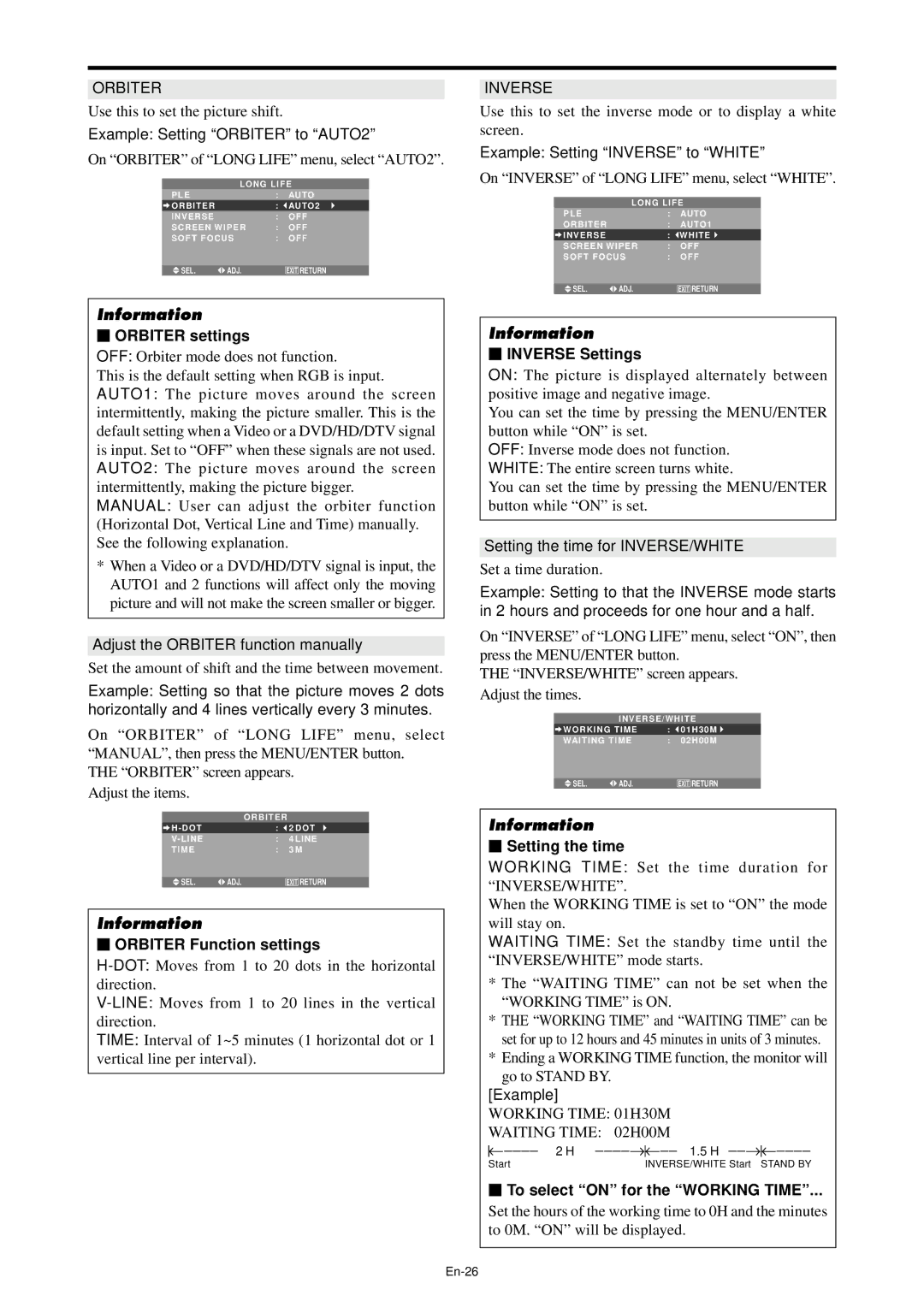 NEC PX-61XM4A, PX-42XM4A manual Orbiter settings, Orbiter Function settings, Inverse Settings, Setting the time 