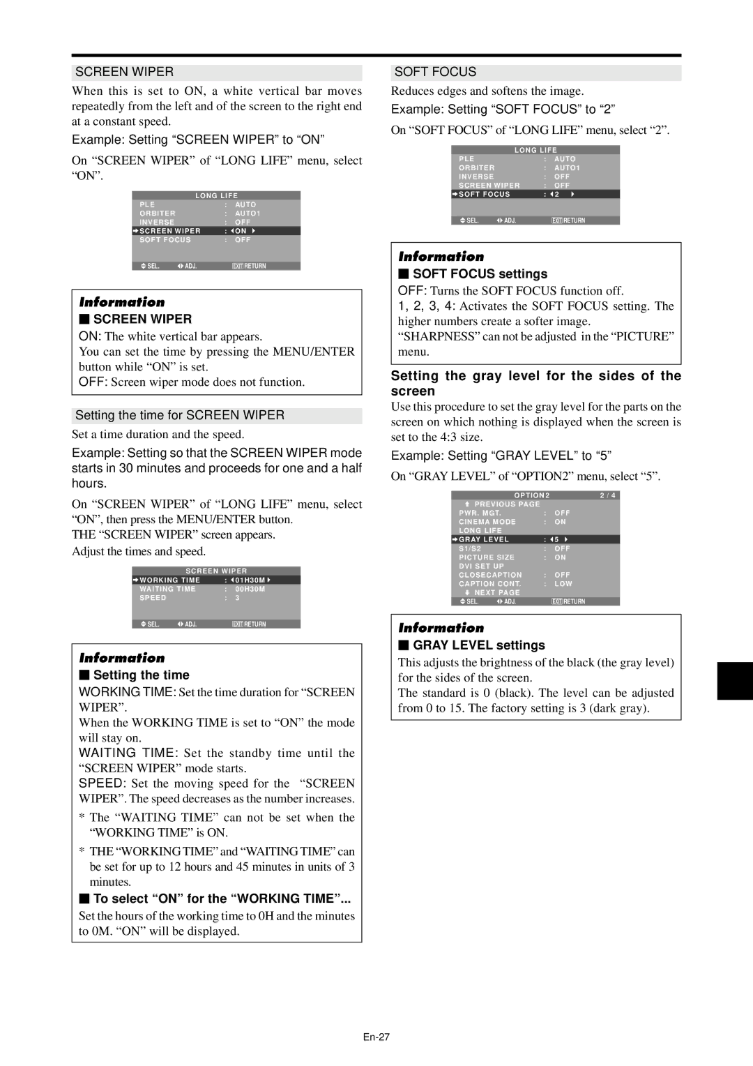 NEC PX-42XM4A Setting the gray level for the sides of the screen, Screen Wiper, Soft Focus settings, Gray Level settings 