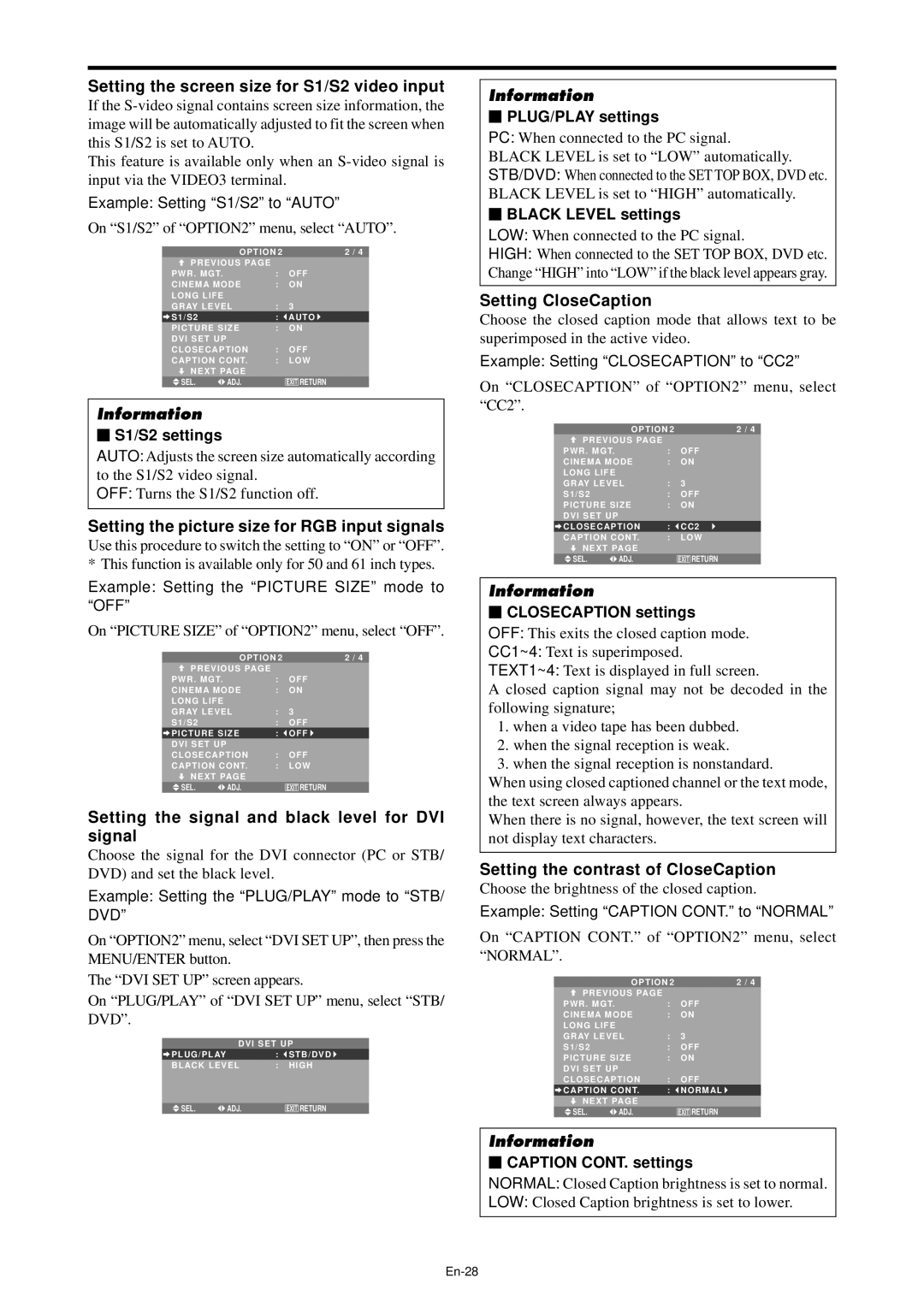 NEC PX-61XM4A, PX-42XM4A Setting the screen size for S1/S2 video input, Setting the picture size for RGB input signals 