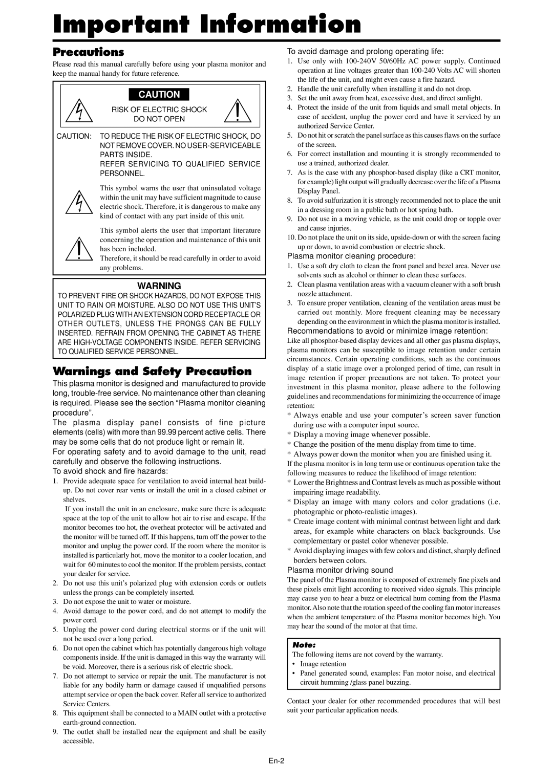 NEC PX-61XM4A, PX-42XM4A manual Important Information, Precautions 