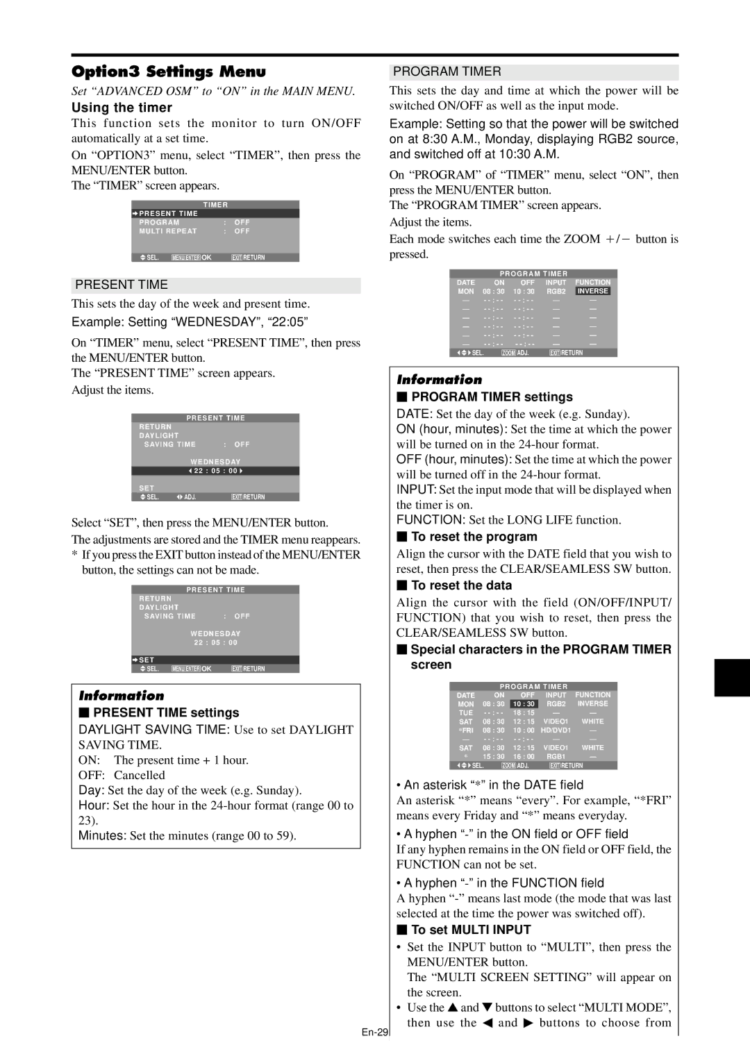 NEC PX-42XM4A, PX-61XM4A manual Option3 Settings Menu, Using the timer 