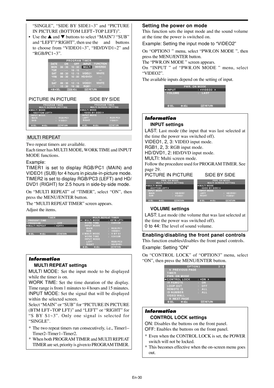 NEC PX-61XM4A, PX-42XM4A manual Setting the power on mode, Enabling/disabling the front panel controls 