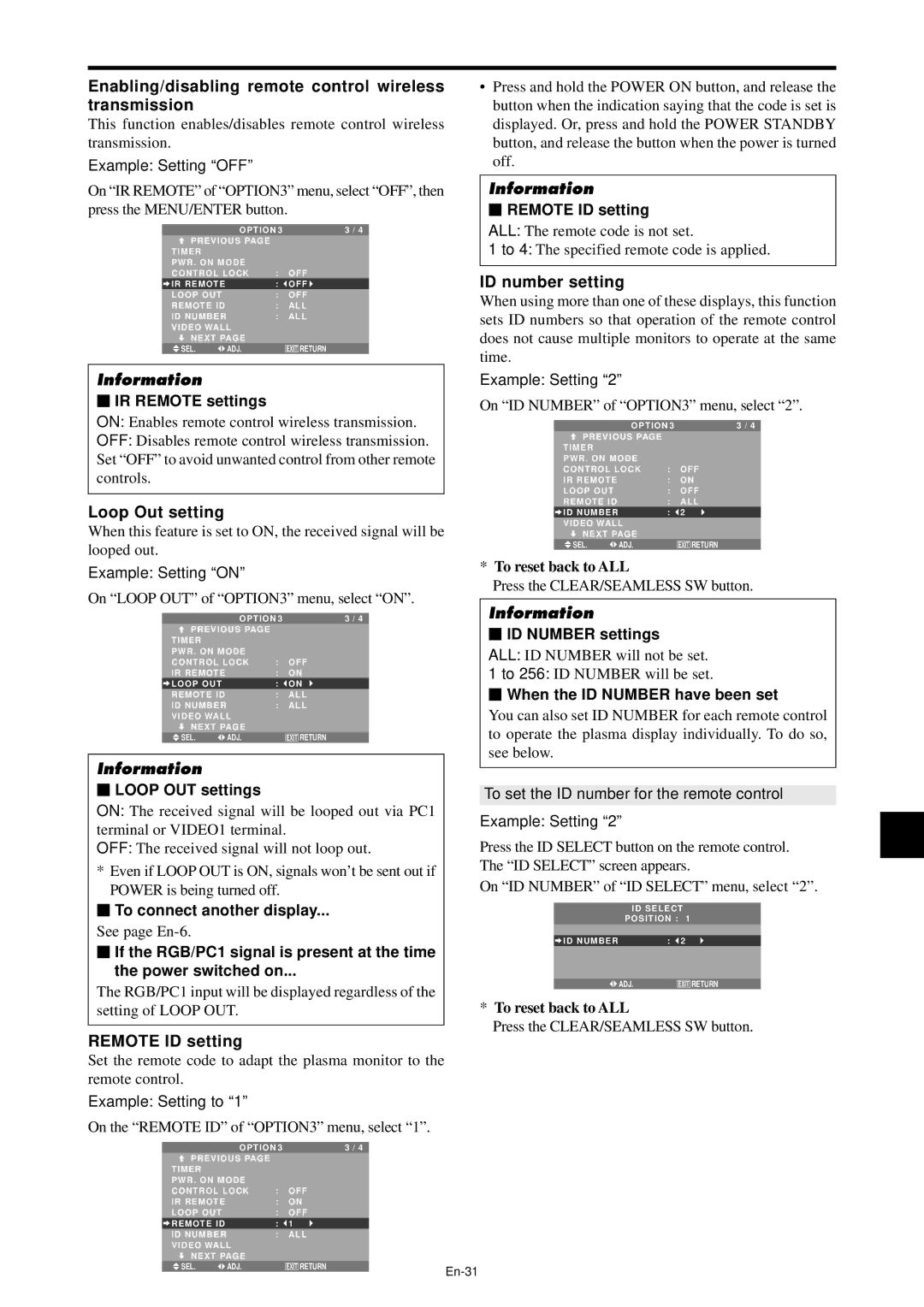 NEC PX-42XM4A, PX-61XM4A manual Enabling/disabling remote control wireless transmission, Loop Out setting, Remote ID setting 