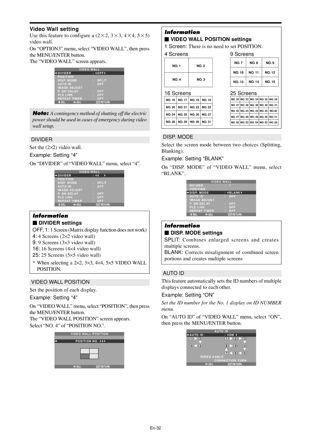 NEC PX-61XM4A, PX-42XM4A Video Wall setting, Divider settings, Video Wall Position settings, Screens, DISP. Mode settings 