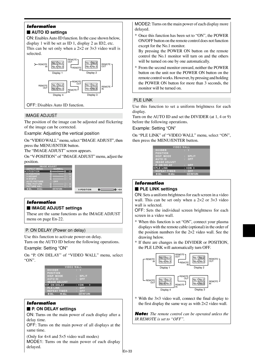 NEC PX-42XM4A, PX-61XM4A manual Auto ID settings, Image Adjust settings, PLE Link settings, On Delay settings 