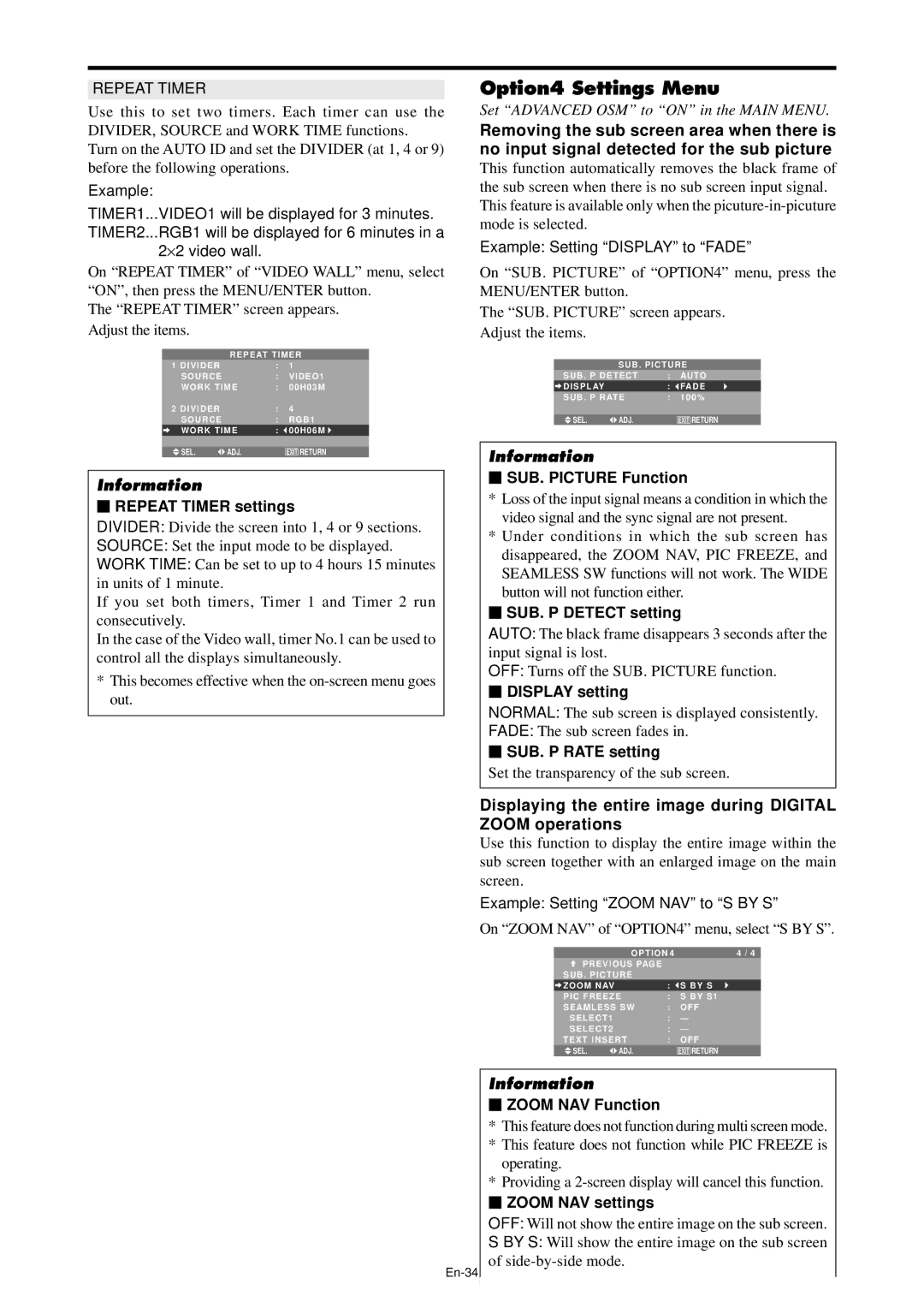 NEC PX-61XM4A, PX-42XM4A manual Option4 Settings Menu, Displaying the entire image during Digital Zoom operations 