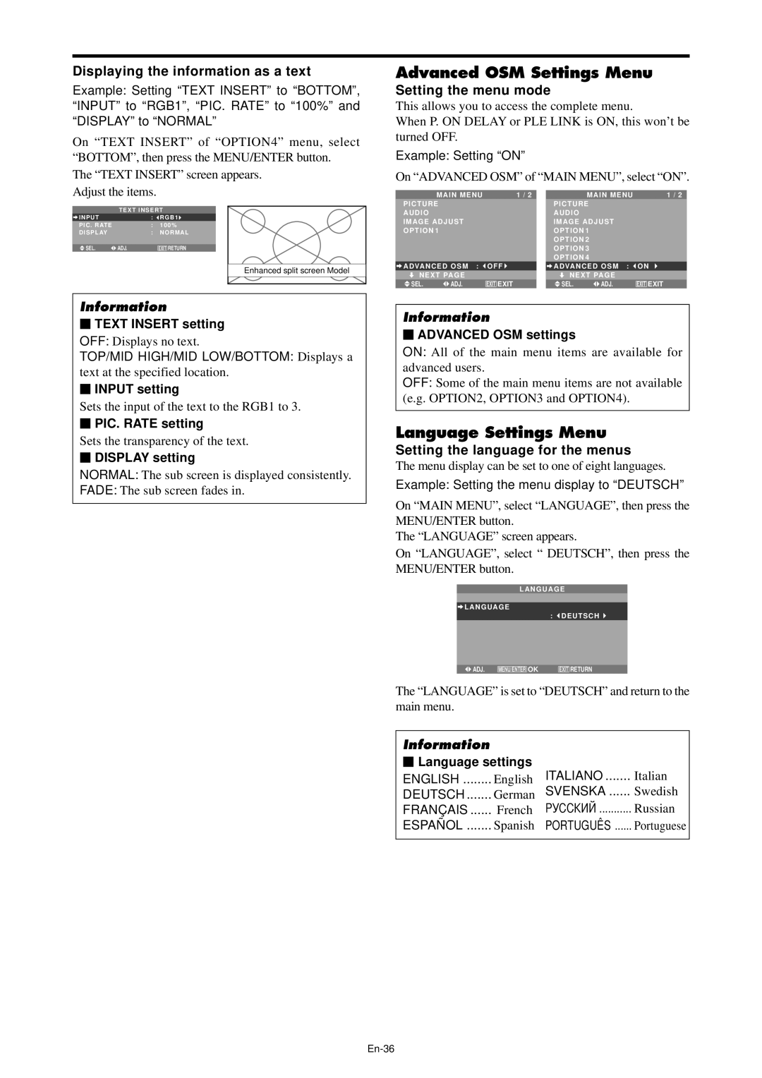 NEC PX-61XM4A, PX-42XM4A manual Advanced OSM Settings Menu, Language Settings Menu, Displaying the information as a text 