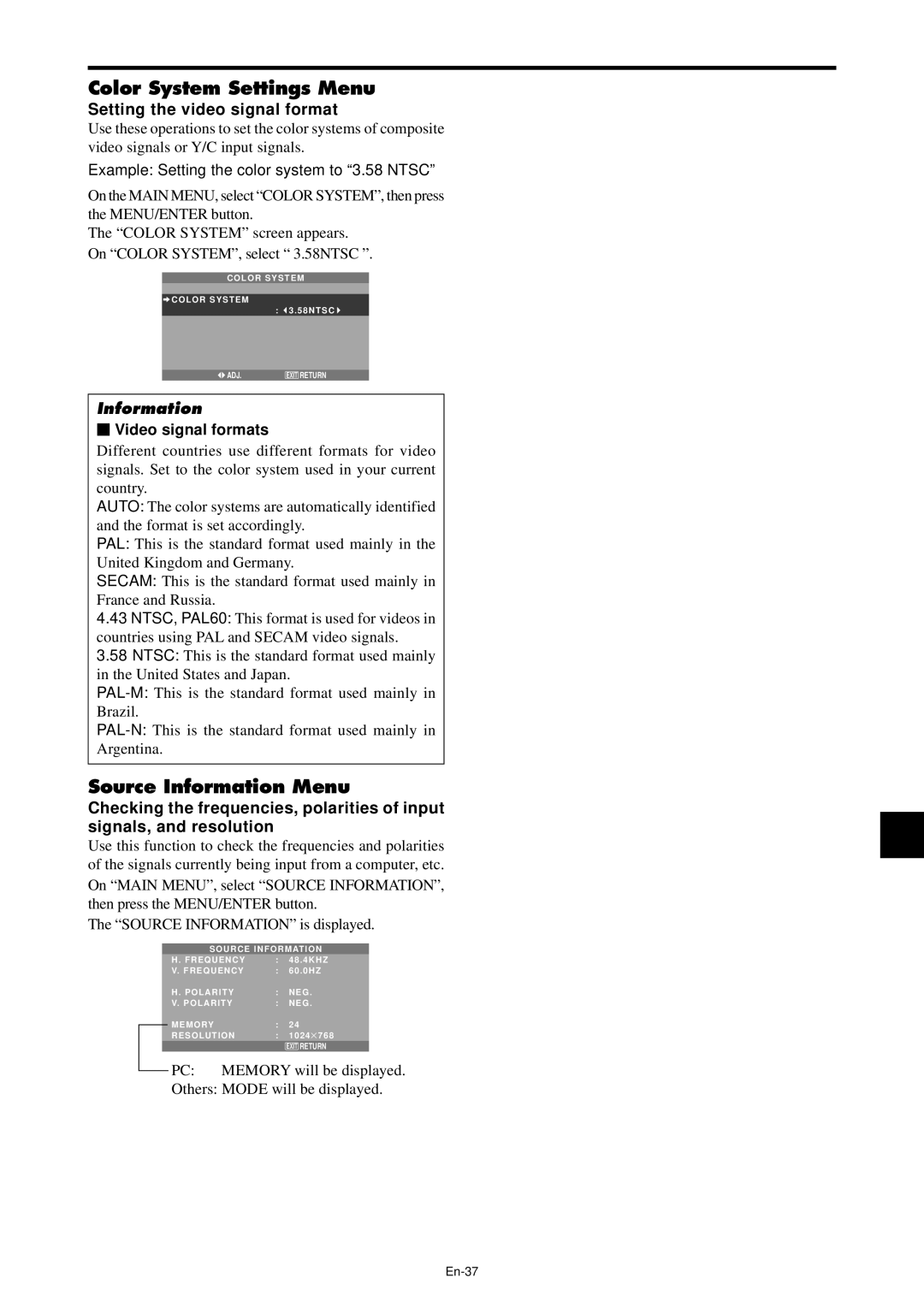 NEC PX-42XM4A Color System Settings Menu, Source Information Menu, Setting the video signal format, Video signal formats 