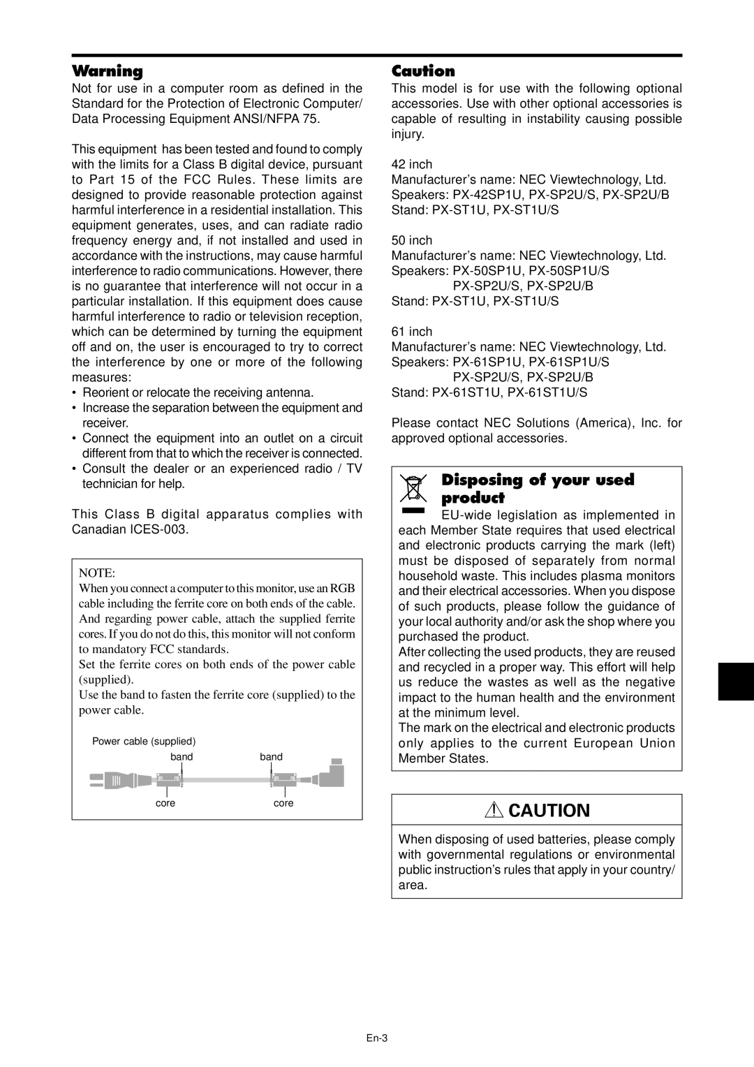 NEC PX-42XM4A, PX-61XM4A manual Disposing of your used product, Power cable supplied Bandband Corecore, En-3 