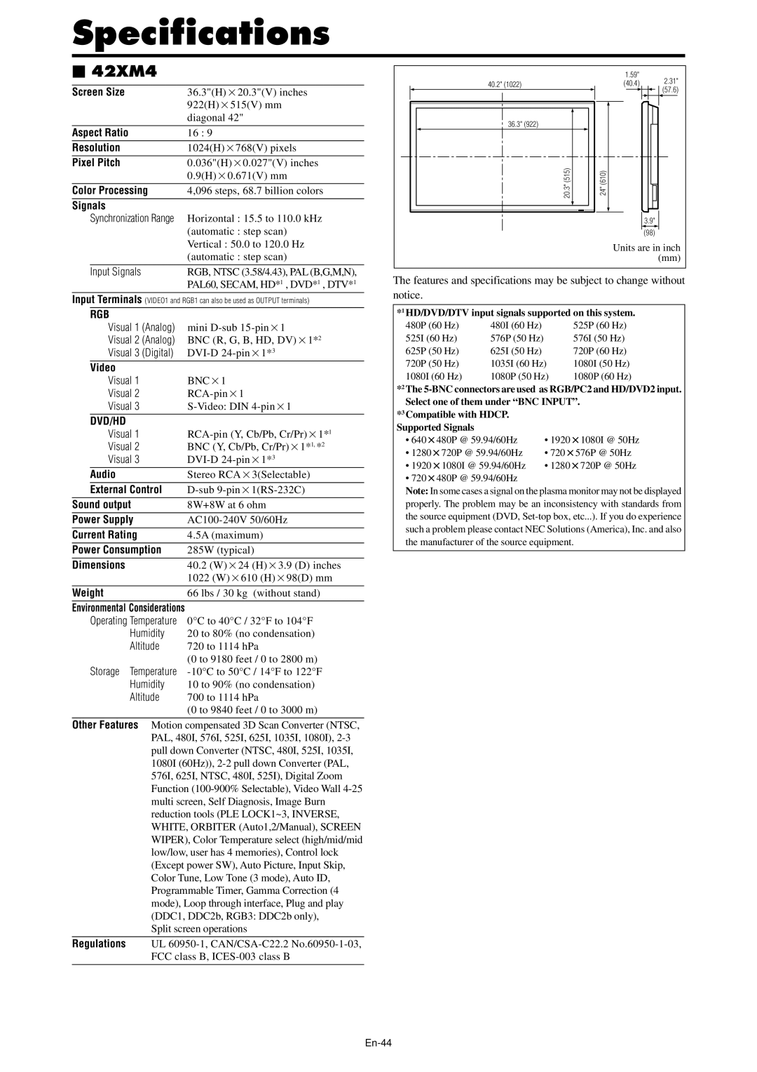 NEC PX-61XM4A, PX-42XM4A manual Specifications 