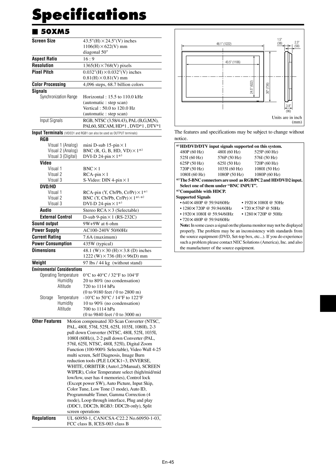 NEC PX-42XM4A, PX-61XM4A manual 50XM5, En-45 