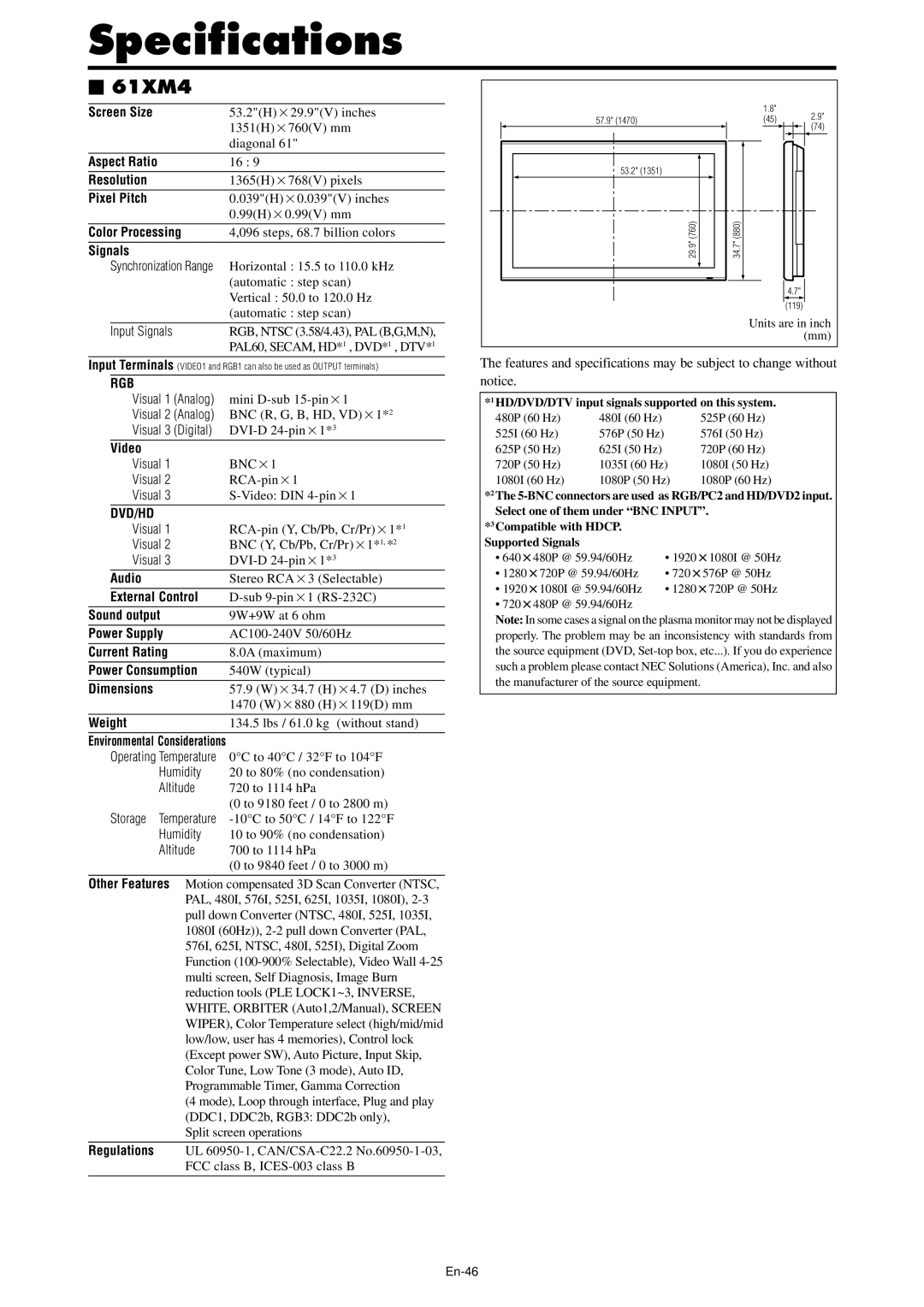 NEC PX-61XM4A, PX-42XM4A manual En-46 