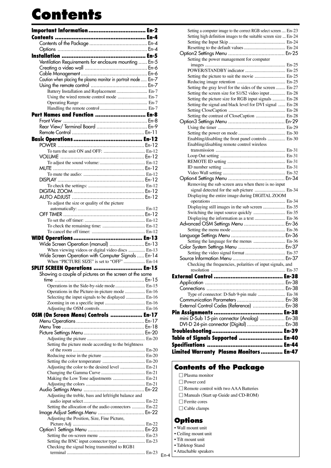 NEC PX-61XM4A, PX-42XM4A manual Contents 