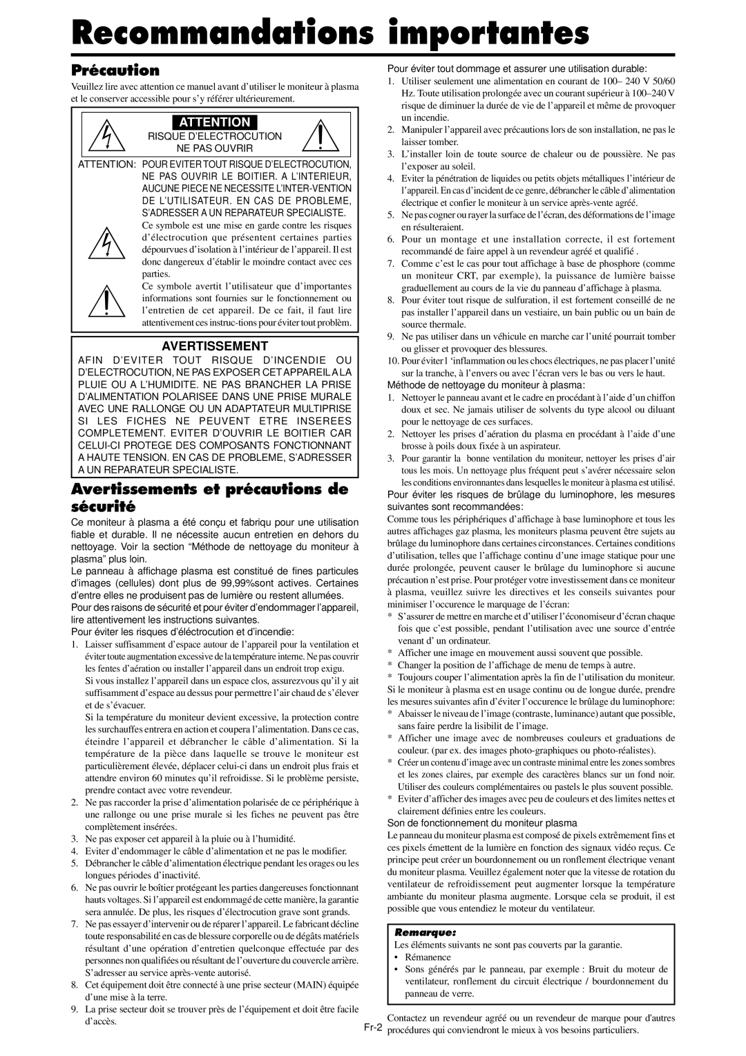 NEC PX-42XM4A, PX-61XM4A manual Recommandations importantes, Précaution, Avertissements et précautions de sécurité 