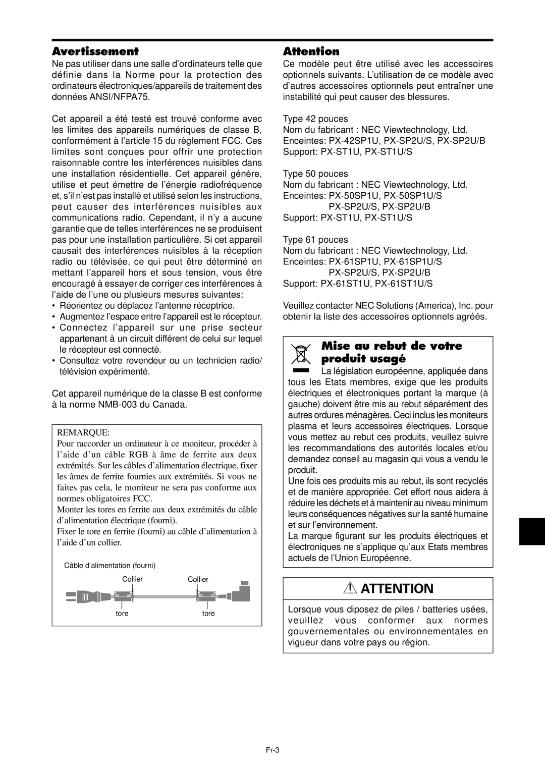 NEC PX-61XM4A Avertissement, Mise au rebut de votre produit usagé, Câble d’alimentation fourni CollierCollier Toretore 