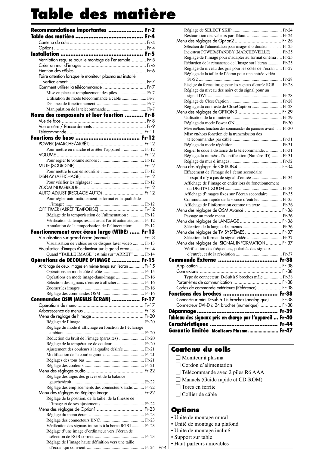 NEC PX-42XM4A, PX-61XM4A manual Table des matière, Contenu du colis 