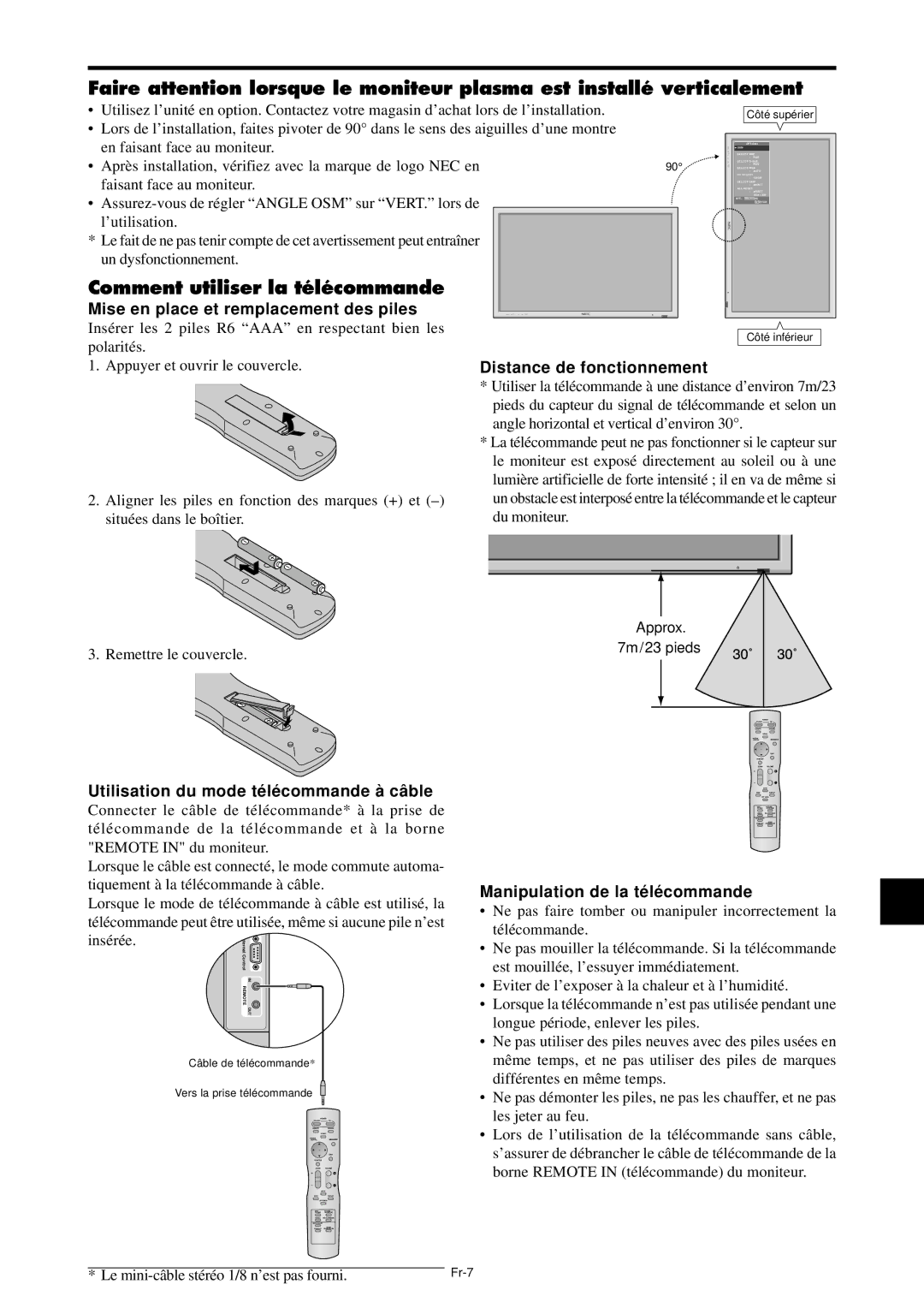 NEC PX-61XM4A Comment utiliser la télécommande, Mise en place et remplacement des piles, Manipulation de la té lé commande 