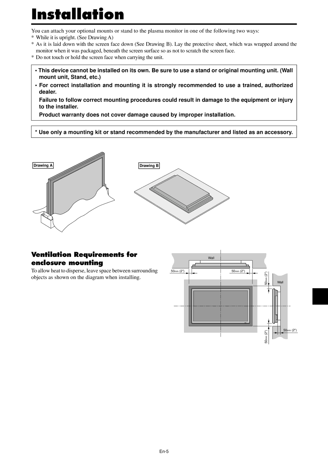 NEC PX-42XM4A, PX-61XM4A manual Installation, Ventilation Requirements for enclosure mounting, En-5 