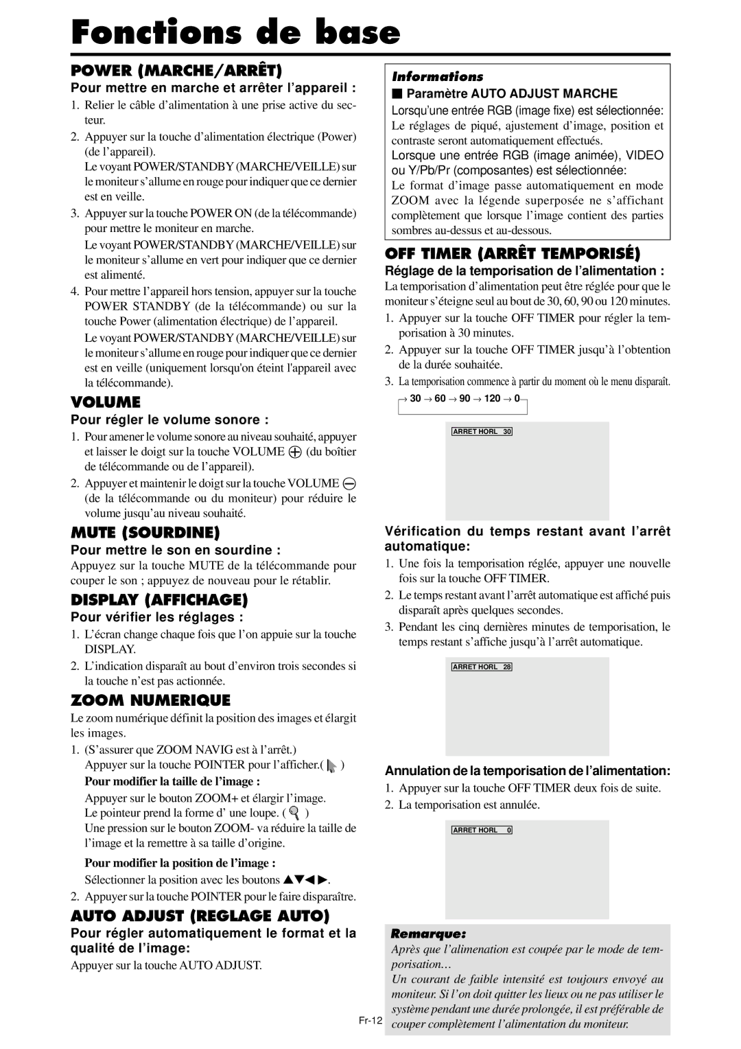 NEC PX-42XM4A, PX-61XM4A manual Fonctions de base 