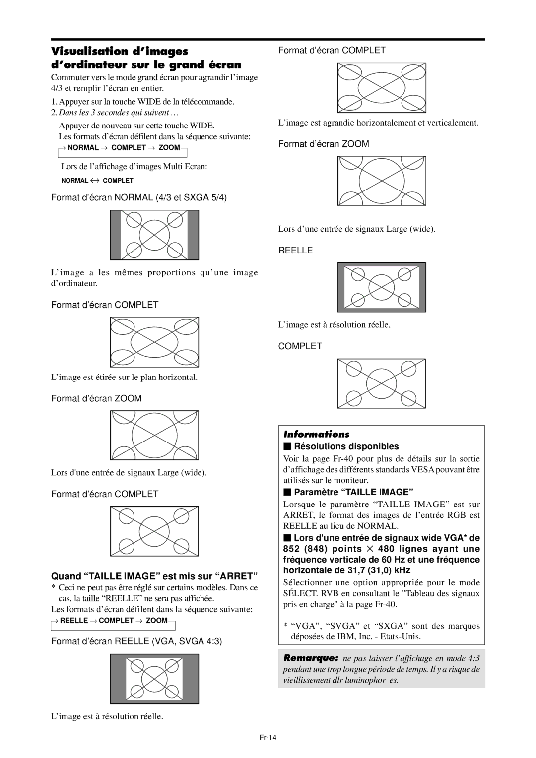 NEC PX-42XM4A, PX-61XM4A manual Visualisation d’images ’ordinateur sur le grand écran, Quand Taille Image est mis sur Arret 