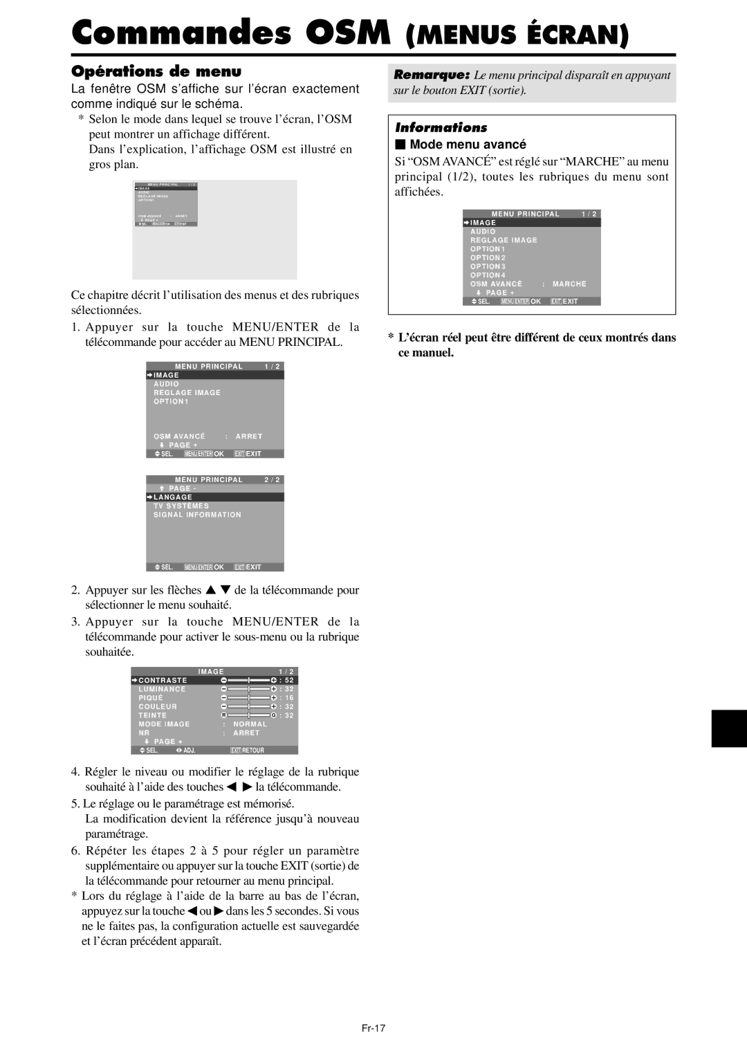 NEC PX-61XM4A, PX-42XM4A manual Commandes OSM Menus Écran, Opérations de menu,  Mode menu avancé, Fr-17 