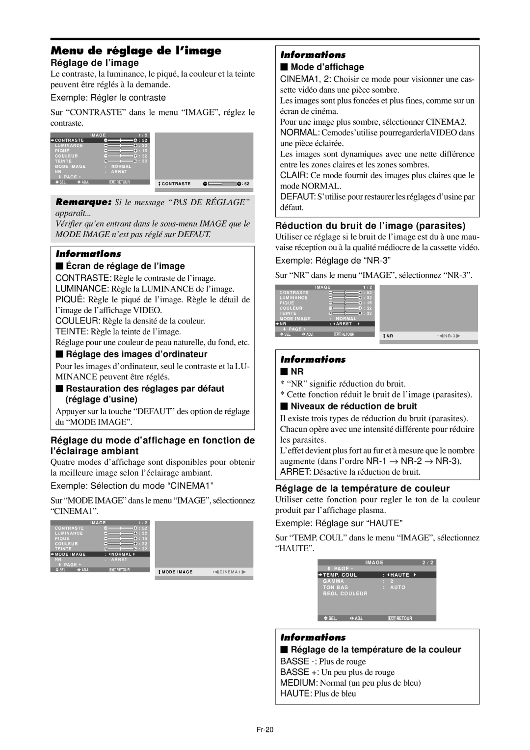 NEC PX-42XM4A, PX-61XM4A manual Menu de réglage de l’image, Réglage de l’image, Ré duction du bruit de l’image parasites 