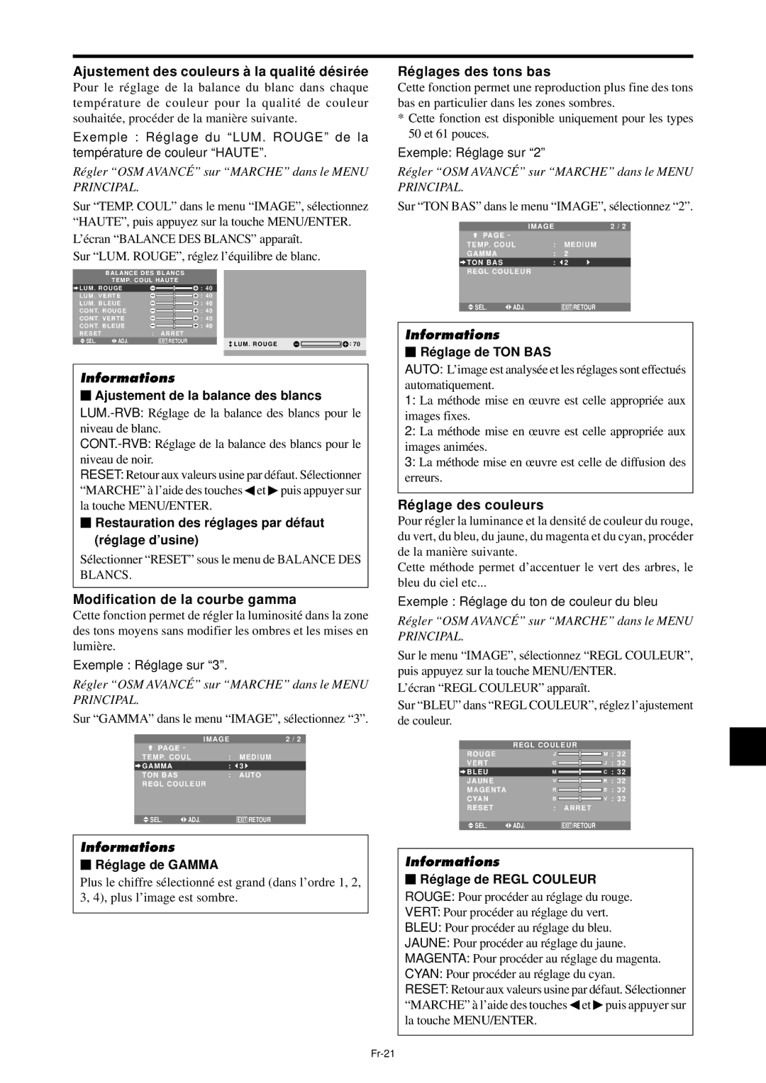 NEC PX-61XM4A Ajustement des couleurs à la qualité dé siré e, Modification de la courbe gamma, Ré glages des tons bas 