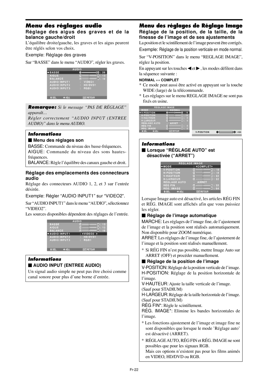 NEC PX-42XM4A Menu des réglages audio, Menu des réglages de Réglage Image, Ré glage des emplacements des connecteurs audio 