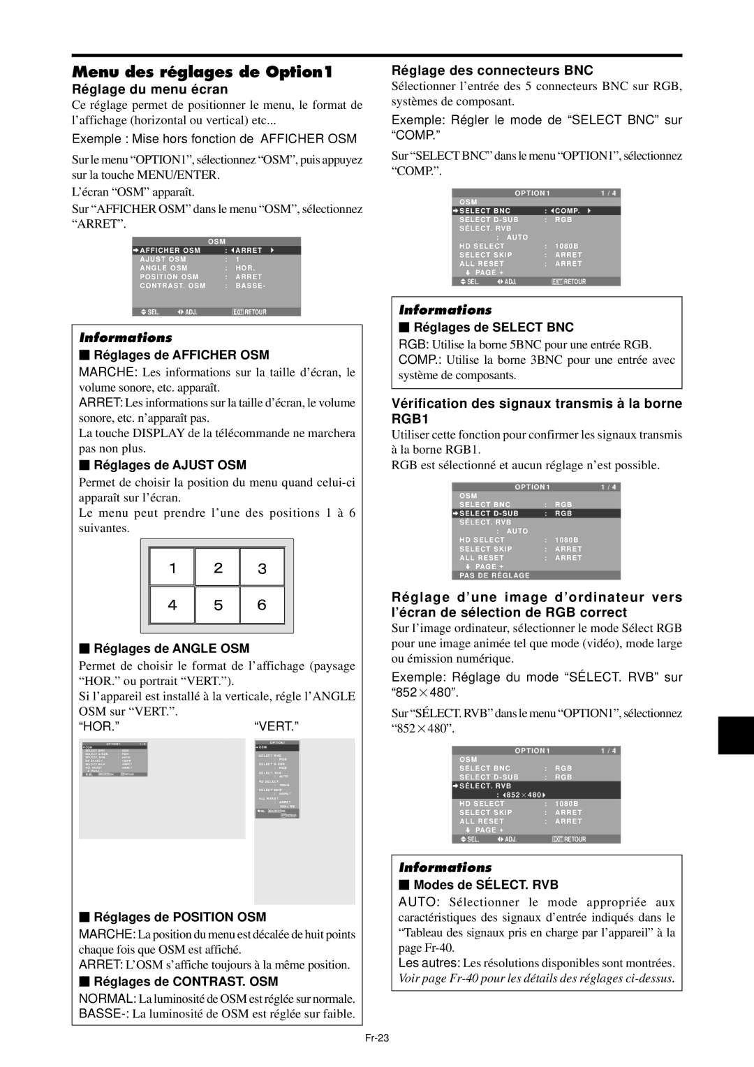 NEC PX-61XM4A, PX-42XM4A manual Menu des réglages de Option1, Ré glage du menu é cran, Ré glage des connecteurs BNC 