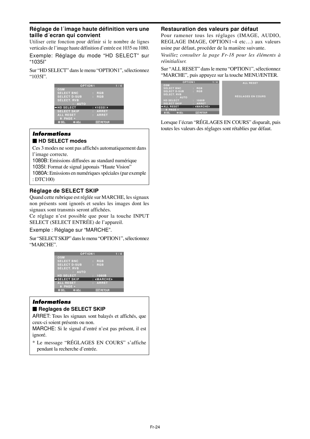 NEC PX-42XM4A Ré glage de Select Skip, Restauration des valeurs par dé faut, HD Select modes, Reglages de Select Skip 