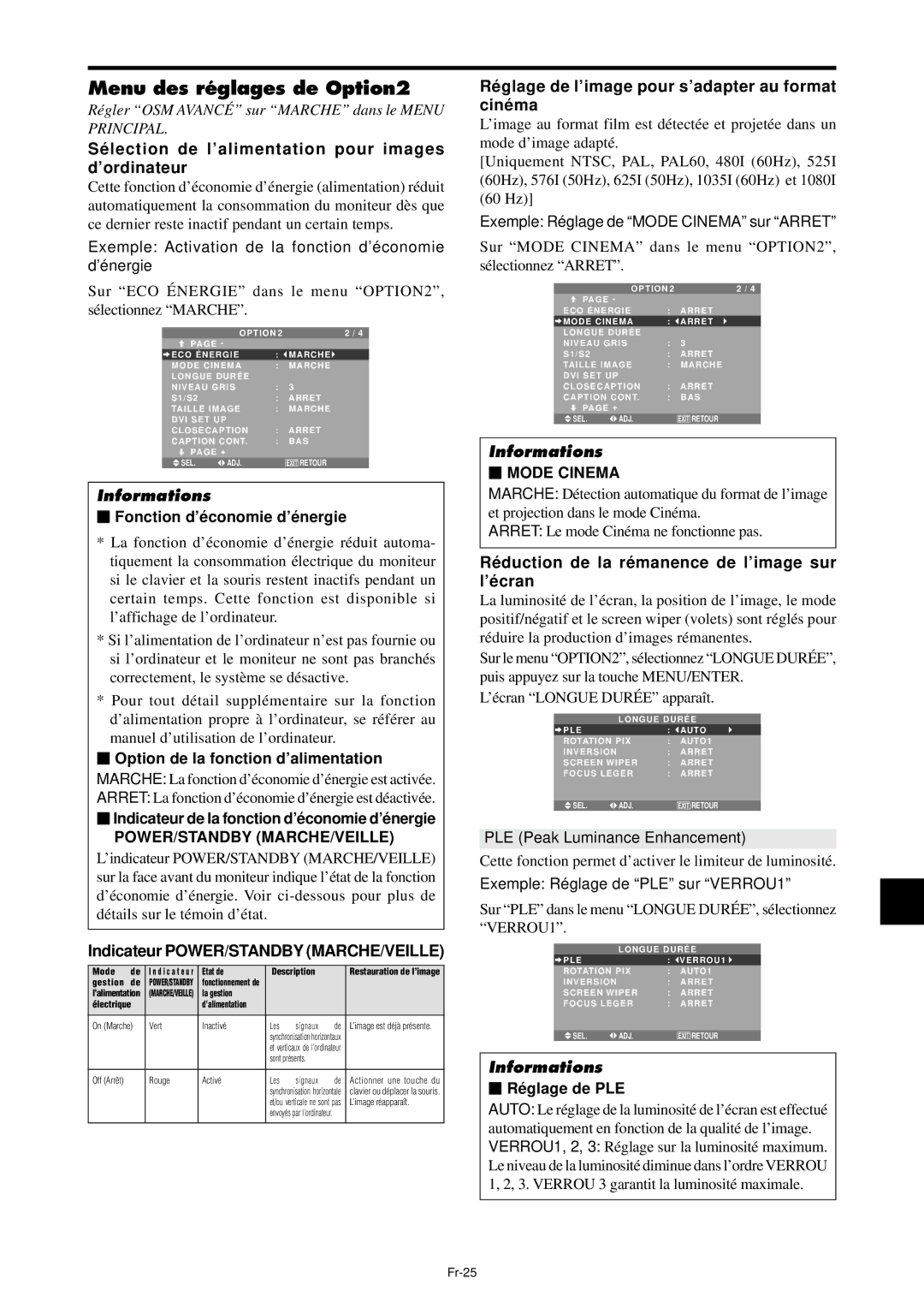 NEC PX-61XM4A, PX-42XM4A manual Menu des réglages de Option2, Sélection de l’alimentation pour images d’ordinateur 