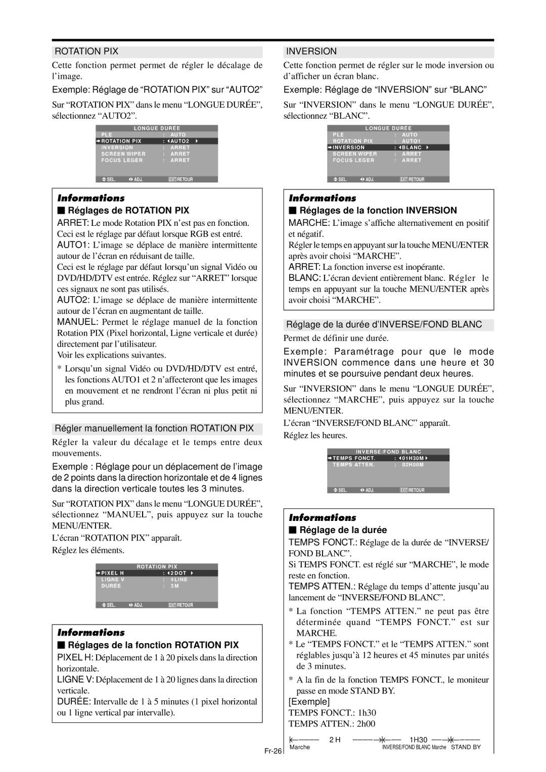 NEC PX-42XM4A, PX-61XM4A manual Inversion, Ré glages de Rotation PIX, Ré glage de la duré e 