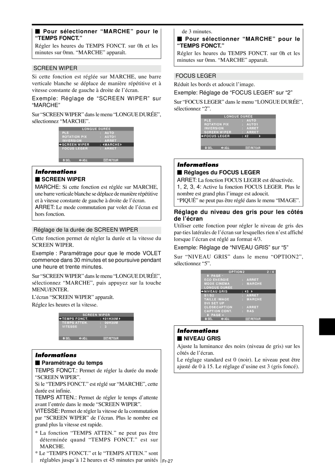 NEC PX-61XM4A Ré glage du niveau des gris pour les cô té s de l’é cran, Pour sé lectionner Marche pour le Temps Fonct 