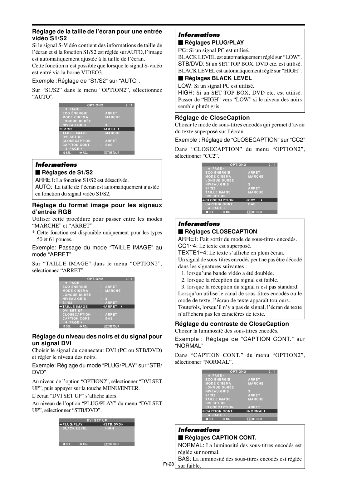 NEC PX-42XM4A, PX-61XM4A manual Ré glage du format image pour les signaux d’entré e RGB, Ré glage de CloseCaption 