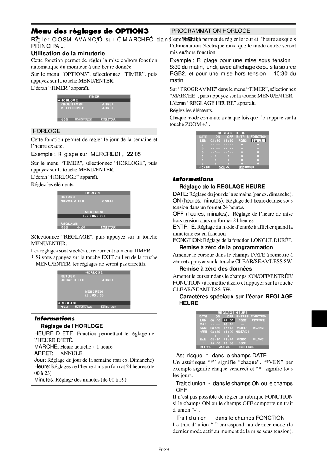 NEC PX-61XM4A, PX-42XM4A manual Menu des réglages de OPTION3, Utilisation de la minuterie 