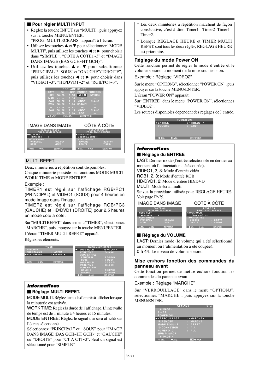 NEC PX-42XM4A, PX-61XM4A manual Ré glage du mode Power on, Mise en/hors fonction des commandes du panneau avant 